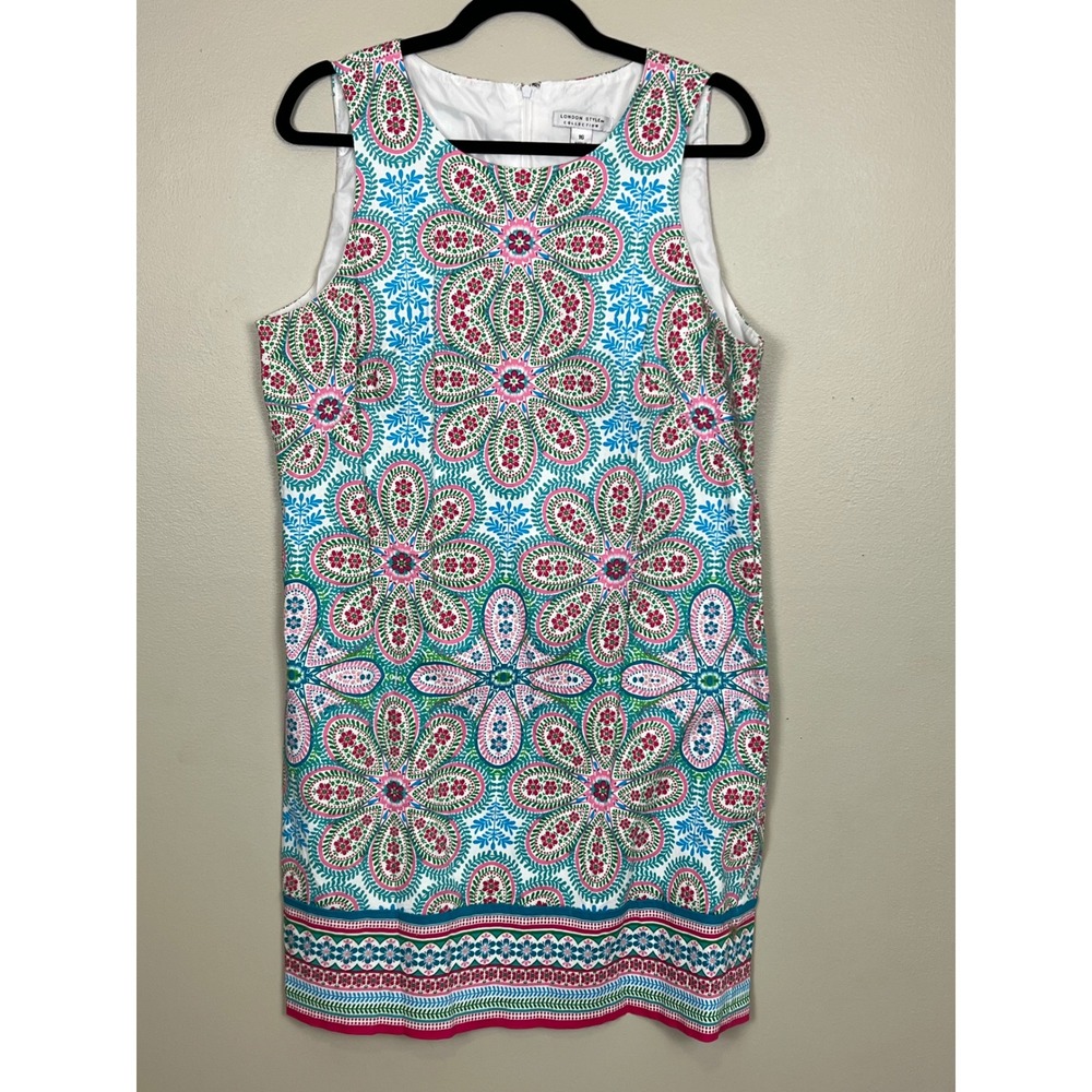 London Style Collection Pink Teal Floral Paisley Shift Dress Womens 16